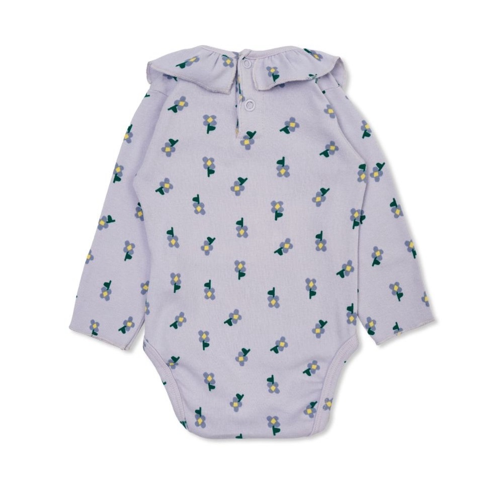 Bobo Choses Lavender Pansy flower ruffle body onesie